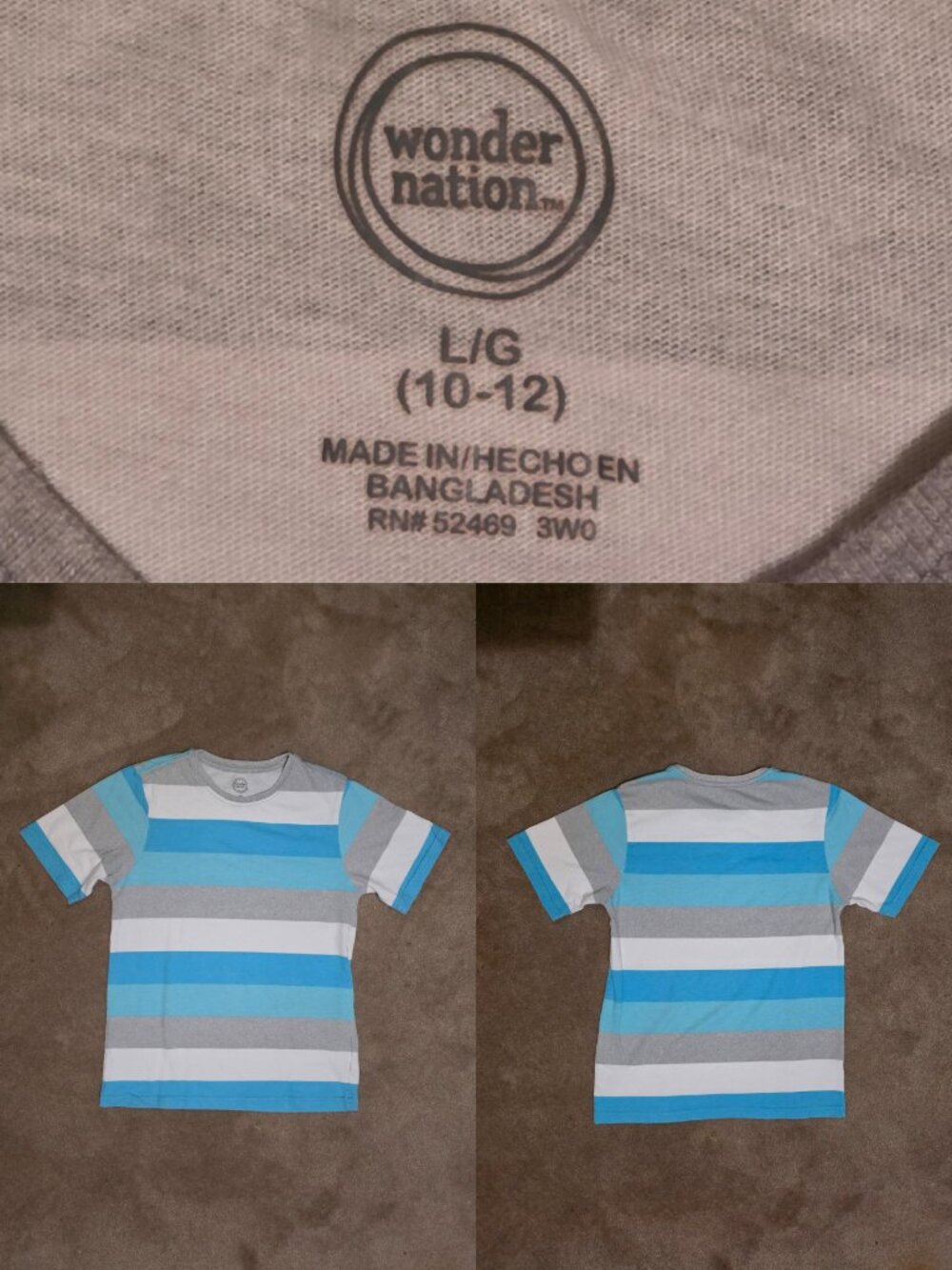 Kids Wonder Nation Blue, Grey & White Strip Tee Sz Lg 10/12